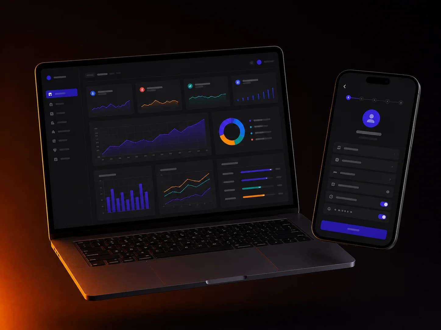 Producto SaaS multiplataforma con dashboard en laptop y aplicación móvil de perfil de usuario