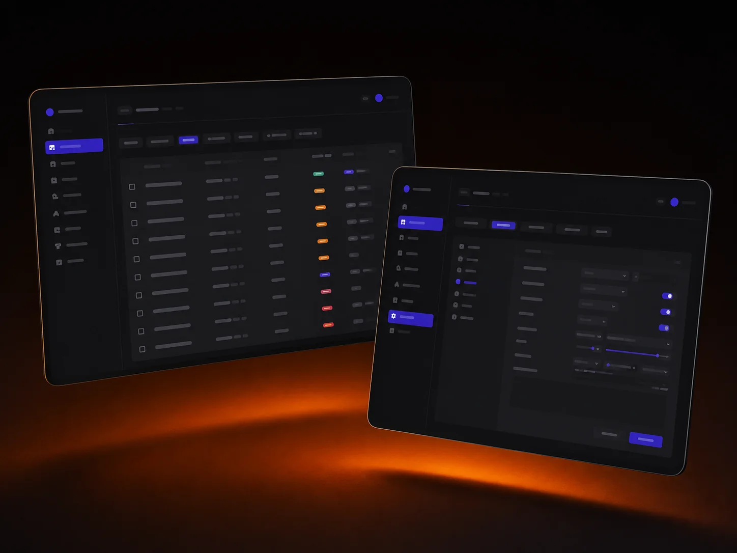 Interfaz de software empresarial con módulos de gestión y panel de control